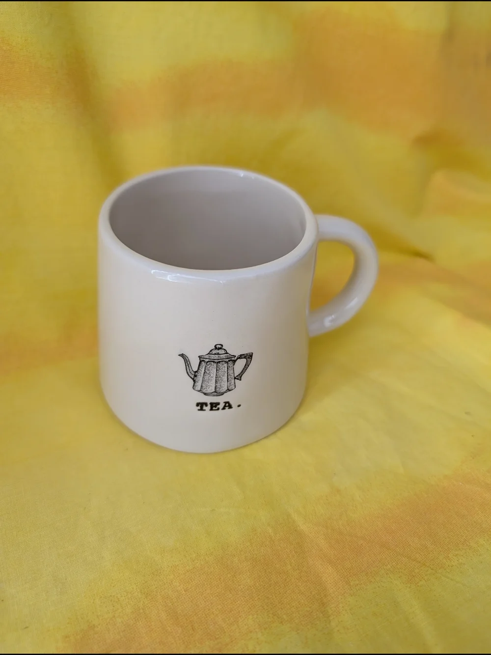 Rae Dunn Cream Ceramic Tea Mug with Teapot Graphic